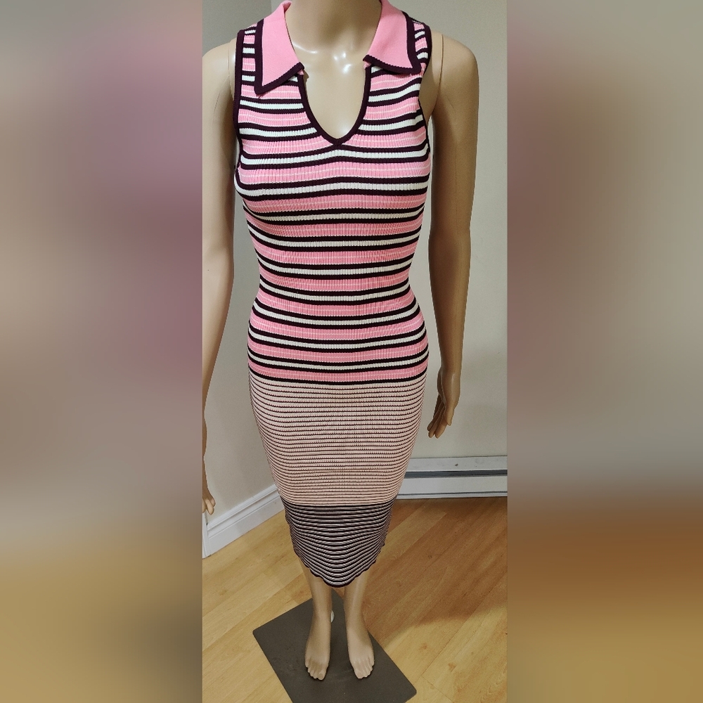 Elegant Pink and Black Striped Midi Dress